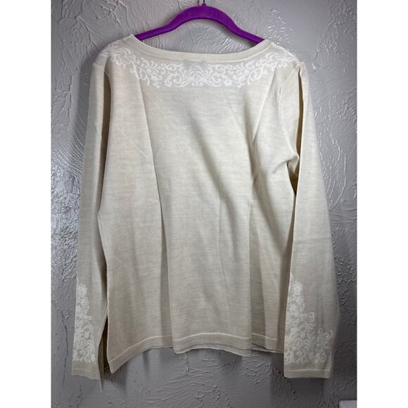 Talbots Beige Fine Merino Wool V Neck Paisley Swater Womens Size Large NWOT - Picture 4 of 5